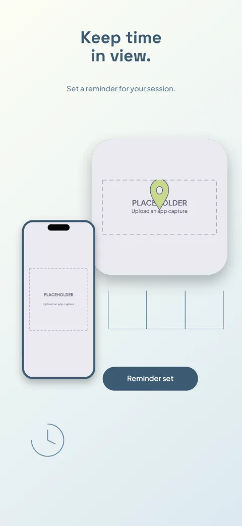 Park Simple slide 4 (personalisation): “Keep time in view.” over a light gradient background with a timer (map spotlight) screen slot and parking-space lines.