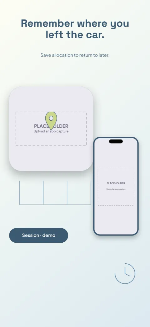 Park Simple slide 5 (closing): “Remember where you left the car.” over a light gradient background with a saved location (map spotlight) screen slot and parking-space lines.