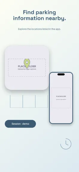 Park Simple parking screenshot template: five slides, chalk white, denim blue and muted lime.