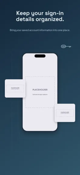 Key Harbor password manager screenshot template: five slides, precise navy and ice, generous space.