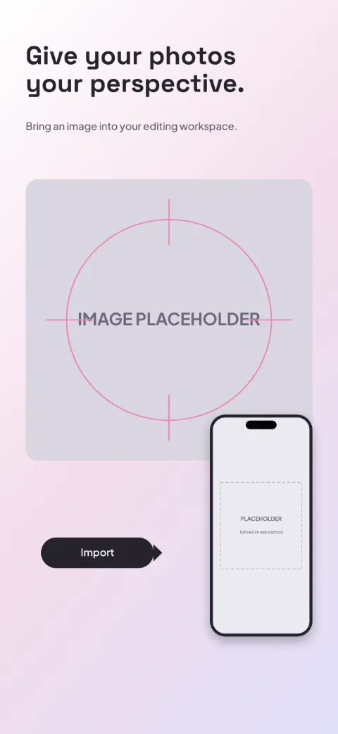 Frame Lab slide 1 (promise): “Give your photos your perspective.” over a light gradient background with a import screen slot and focus ring.