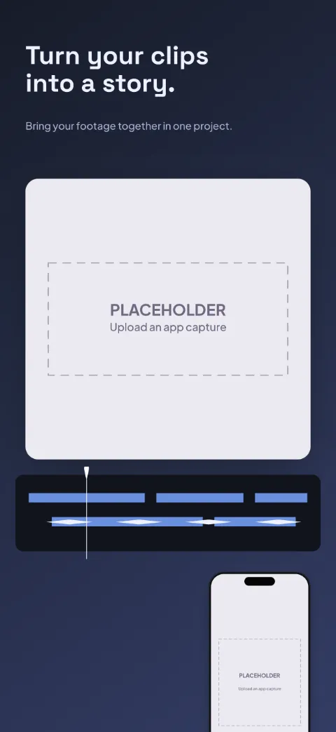 Motion Cut slide 1 (promise): “Turn your clips into a story.” over a dark gradient background with a project (crop) screen slot and timeline segments.