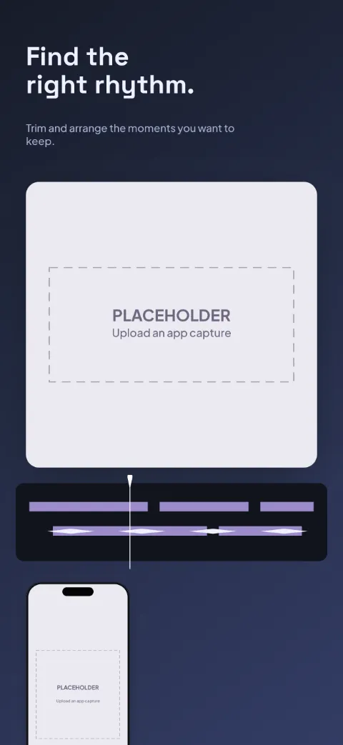 Motion Cut slide 2 (primary feature): “Find the right rhythm.” over a dark gradient background with a timeline (crop) screen slot and timeline segments.