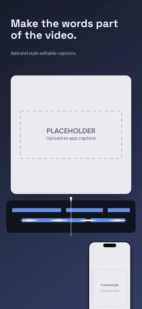 Motion Cut slide 3 (secondary feature): “Make the words part of the video.” over a dark gradient background with a captions (crop) screen slot and timeline segments.