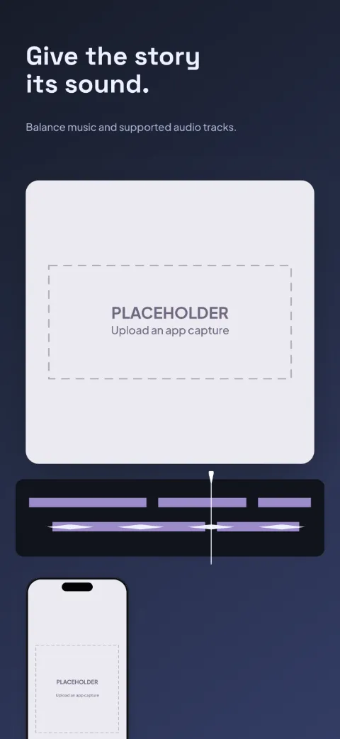 Motion Cut slide 4 (personalisation): “Give the story its sound.” over a dark gradient background with a audio (crop) screen slot and timeline segments.