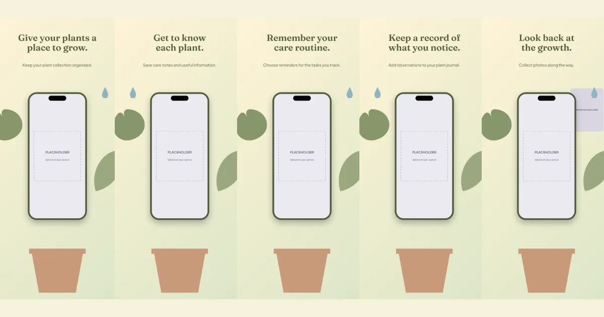 Green Corner plant care screenshot template: five slides, botanical cream, olive and terracotta.