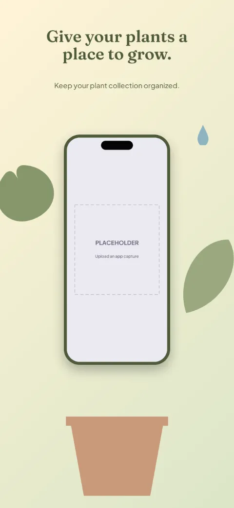 Green Corner slide 1 (promise): “Give your plants a place to grow.” over a light gradient background with a collection screen slot and leaf silhouette.