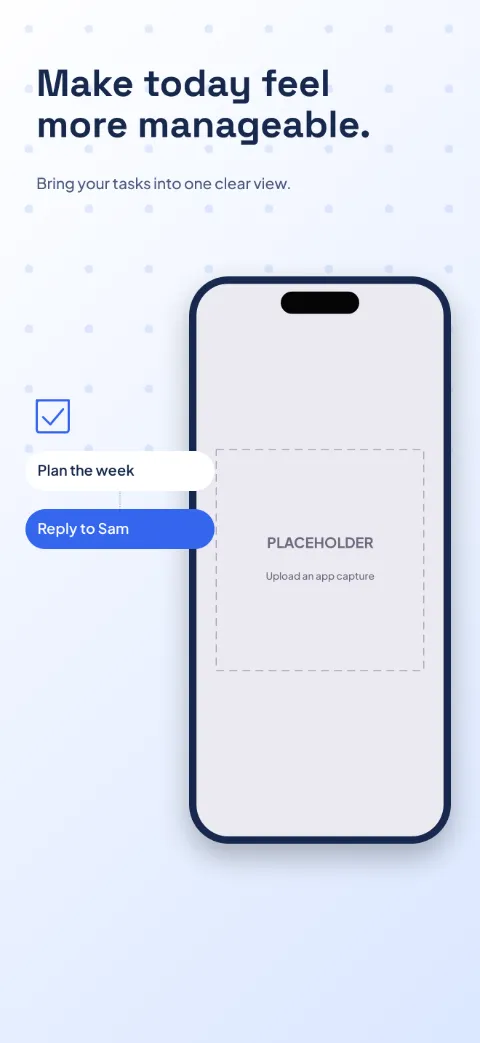 Clear Day slide 1 (promise): “Make today feel more manageable.” over a light gradient background with a today screen slot and grid dots.