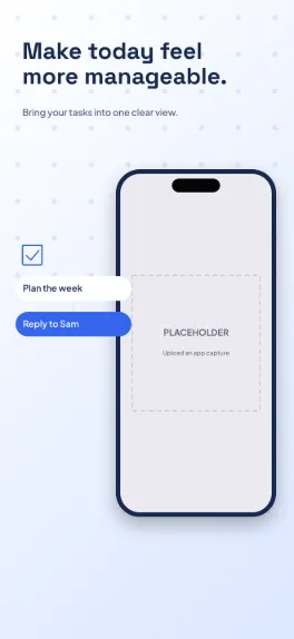 Clear Day productivity screenshot template: five slides, bright white and cobalt, a precise grid with rounded task strips around one phone.