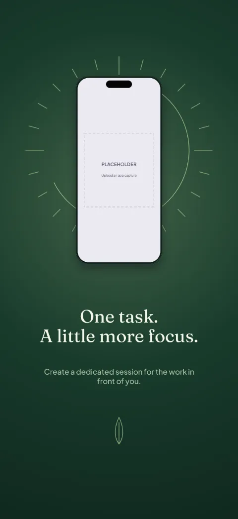 Focus Field slide 1 (promise): “One task. A little more focus.” over a dark radial background with a timer screen slot and progress ticks.
