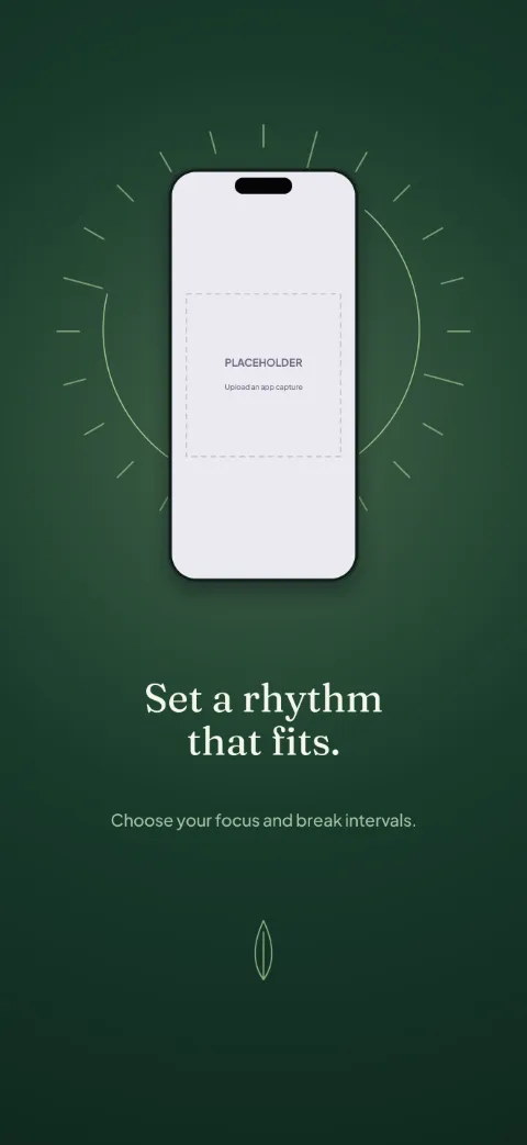 Focus Field slide 2 (primary feature): “Set a rhythm that fits.” over a dark radial background with a session setup screen slot and progress ticks.