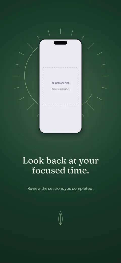 Focus Field slide 4 (personalisation): “Look back at your focused time.” over a dark radial background with a session history screen slot and progress ticks.