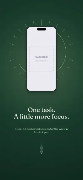 Focus Field productivity screenshot template: five slides, deep forest with pale lime: one quiet timer ring, lots of dark space.