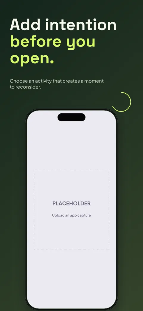Reclaim slide 4 (personalisation): “Add intention [[before you open.]]” over a dark gradient background with a unlock activity screen slot and timer arc.