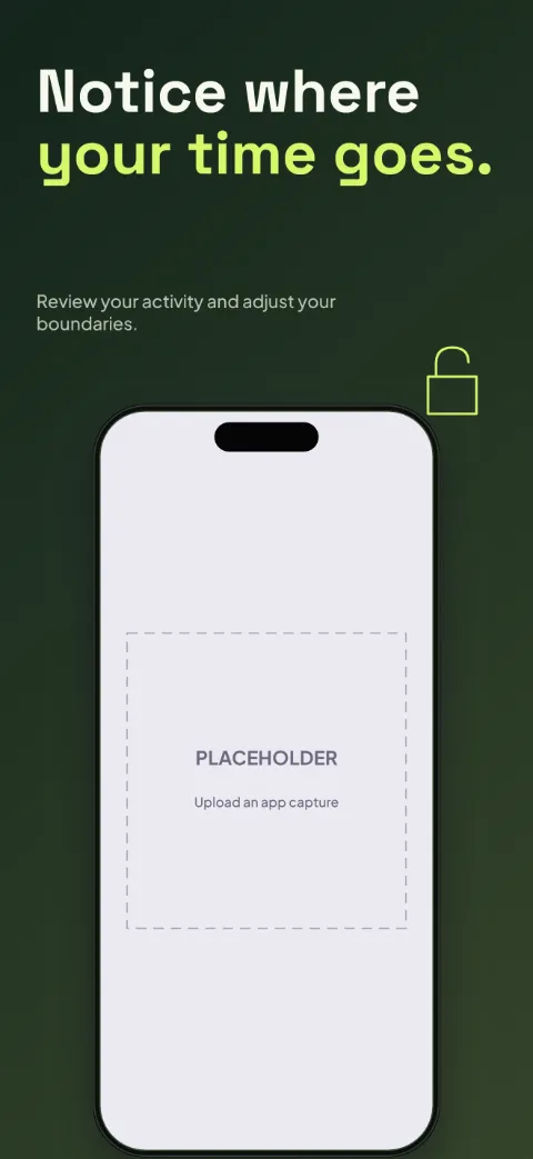 Reclaim slide 5 (closing): “Notice where [[your time goes.]]” over a dark gradient background with a progress screen slot and open lock.