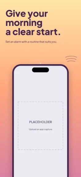 Rise Ready productivity screenshot template: five slides, sunrise orange to plum, oversized headlines, a big clock ring behind the phone.