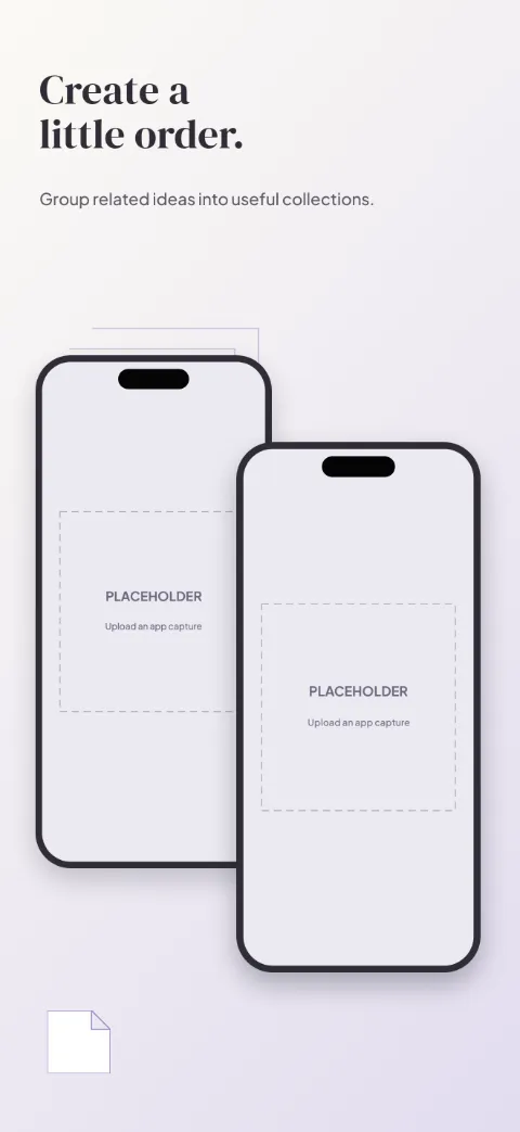 Thought Stack slide 3 (secondary feature): “Create a little order.” over a light gradient background with a folders · back screen slot and stacked blocks.