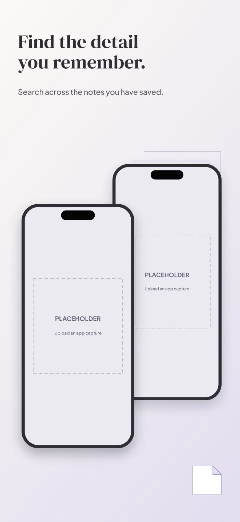 Thought Stack slide 4 (personalisation): “Find the detail you remember.” over a light gradient background with a search · back screen slot and stacked blocks.