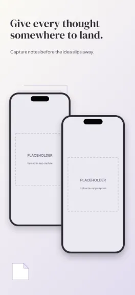 Thought Stack productivity screenshot template: five slides, stone and muted violet, two phones overlapping, paper blocks behind.