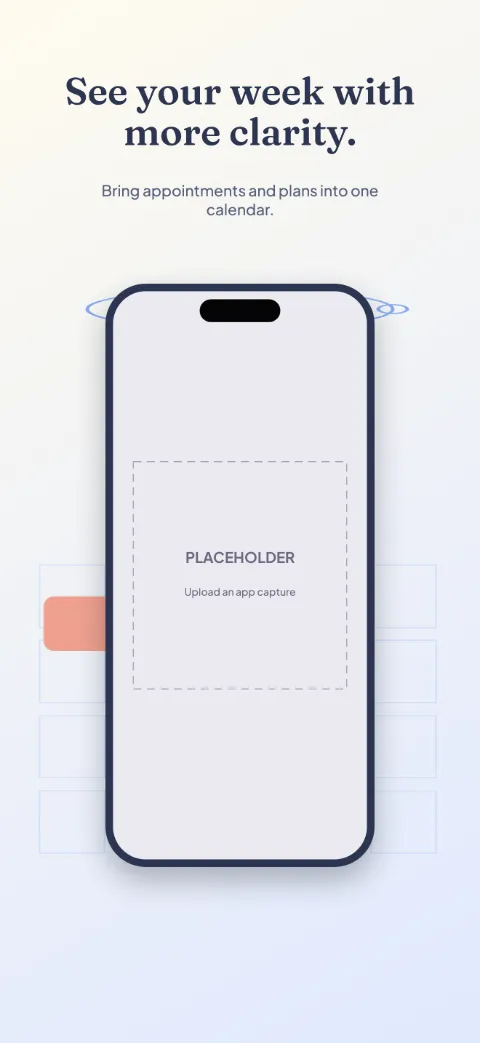 Time Well slide 1 (promise): “See your week with more clarity.” over a light gradient background with a week screen slot and calendar cells.
