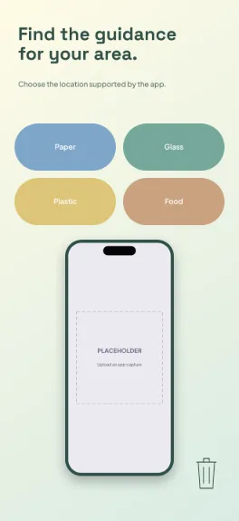 Sort Smart recycling screenshot template: five slides, clear white with blue, green and yellow category blocks.