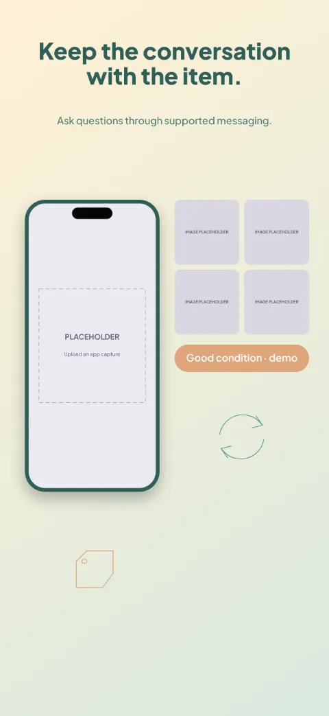 Second Life slide 4 (personalisation): “Keep the conversation with the item.” over a light gradient background with a messages screen slot and circular arrows.