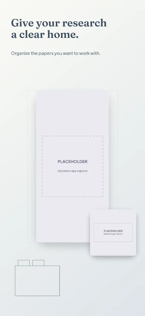 Research Shelf slide 1 (promise): “Give your research a clear home.” over a light gradient background with a library screen slot and citation brackets.