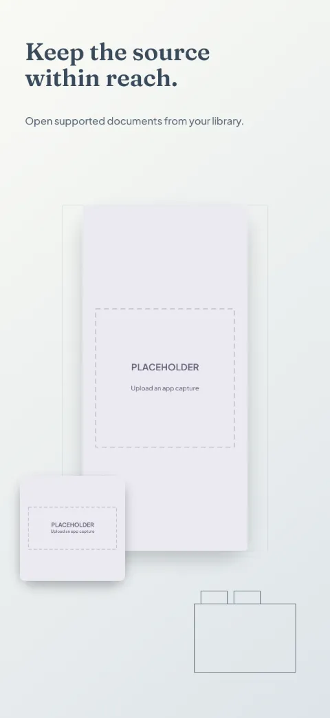 Research Shelf slide 2 (primary feature): “Keep the source within reach.” over a light gradient background with a paper screen slot and citation brackets.