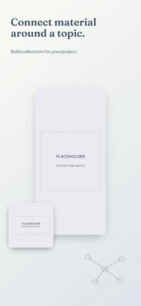 Research Shelf slide 4 (personalisation): “Connect material around a topic.” over a light gradient background with a collections screen slot and citation brackets.