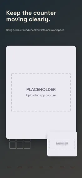 Counter Point retail pos screenshot template: five slides, charcoal and warm ivory with coral action buttons.