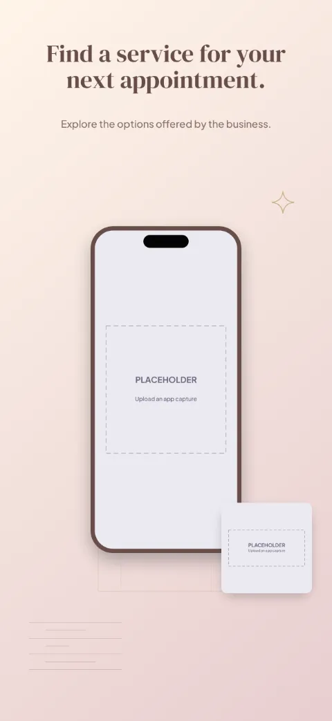 Appointment Edit slide 1 (promise): “Find a service for your next appointment.” over a light gradient background with a services screen slot and mirror arch.
