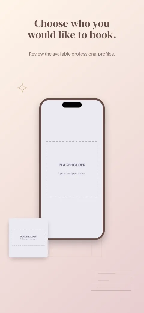 Appointment Edit slide 2 (primary feature): “Choose who you would like to book.” over a light gradient background with a professional profile screen slot and mirror arch.