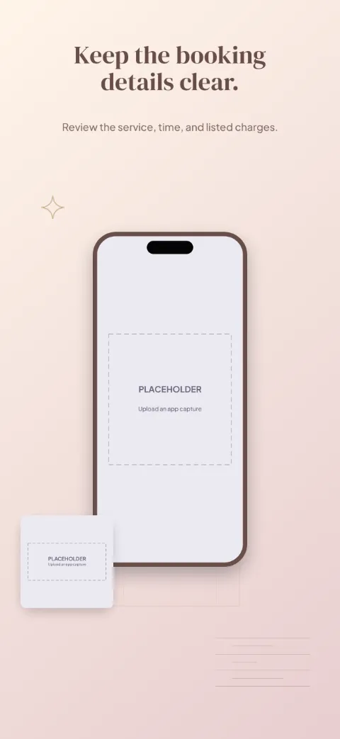 Appointment Edit slide 4 (personalisation): “Keep the booking details clear.” over a light gradient background with a booking screen slot and mirror arch.
