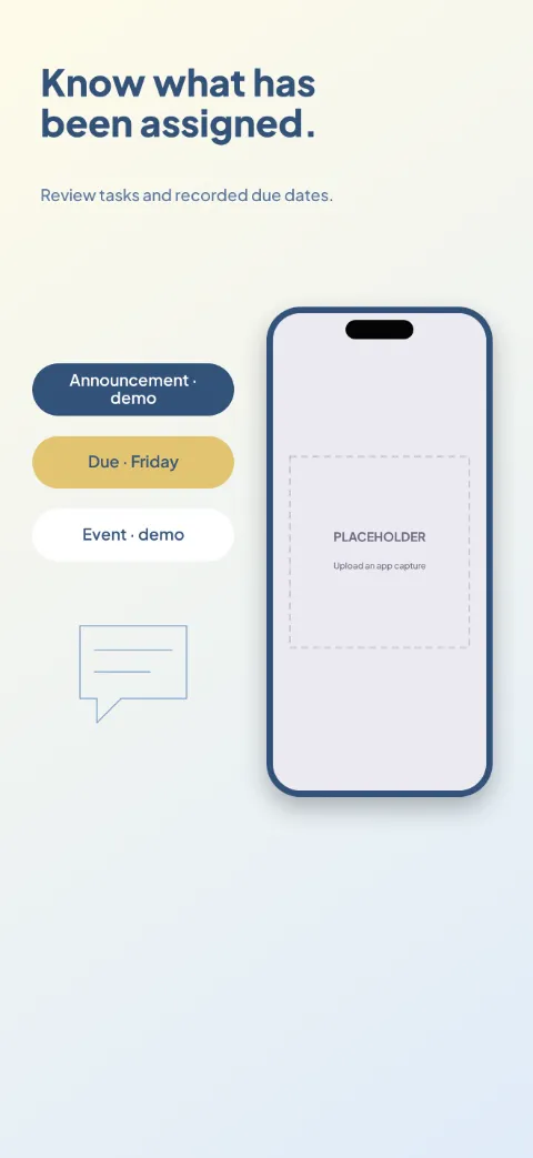 School Link slide 3 (secondary feature): “Know what has been assigned.” over a light gradient background with a assignments screen slot and section icon.