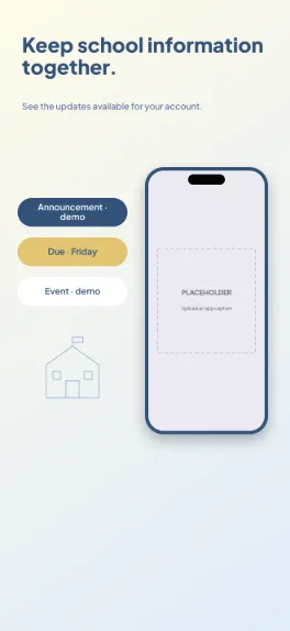 School Link school parent screenshot template: five slides, trustworthy blue and warm yellow with clear structured cards.