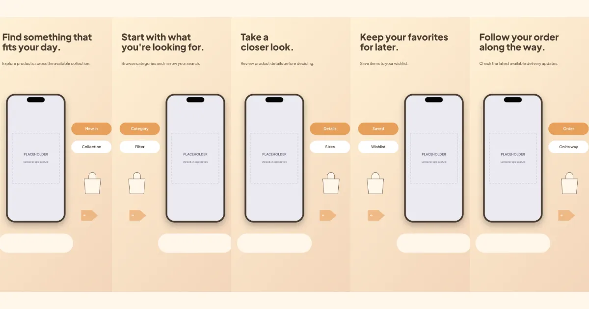 Everyday Market shopping screenshot template: five slides, cream and vivid orange.