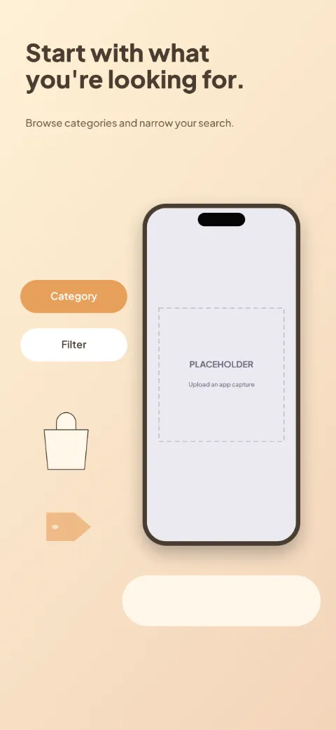 Everyday Market slide 2 (primary feature): “Start with what you're looking for.” over a light gradient background with a categories screen slot and shopping bag.
