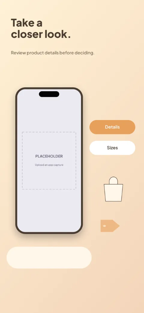 Everyday Market slide 3 (secondary feature): “Take a closer look.” over a light gradient background with a product detail screen slot and shopping bag.