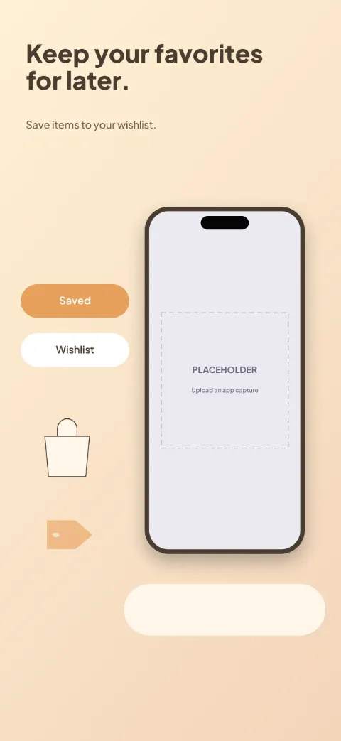 Everyday Market slide 4 (personalisation): “Keep your favorites for later.” over a light gradient background with a wishlist screen slot and shopping bag.