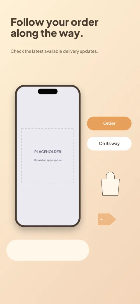Everyday Market slide 5 (closing): “Follow your order along the way.” over a light gradient background with a order tracking screen slot and shopping bag.