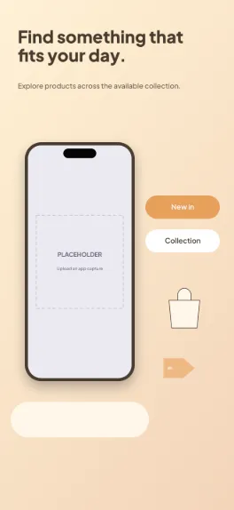 Everyday Market shopping screenshot template: five slides, cream and vivid orange.