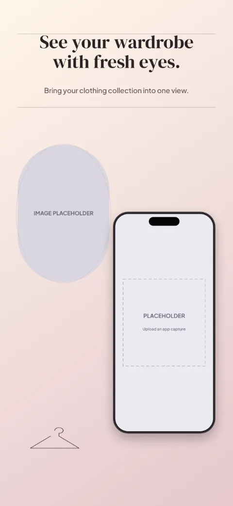 Wardrobe Edit slide 1 (promise): “See your wardrobe with fresh eyes.” over a light gradient background with a wardrobe screen slot and editorial rules.