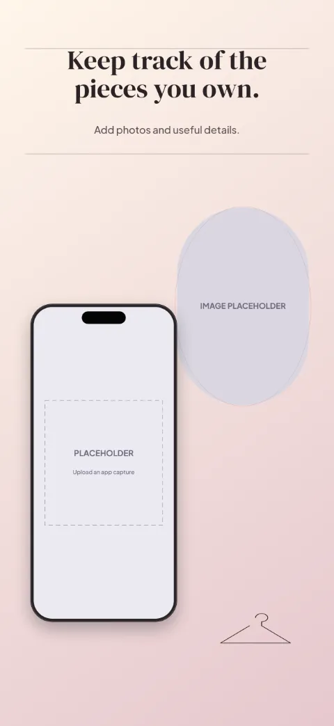 Wardrobe Edit slide 2 (primary feature): “Keep track of the pieces you own.” over a light gradient background with a item detail screen slot and editorial rules.