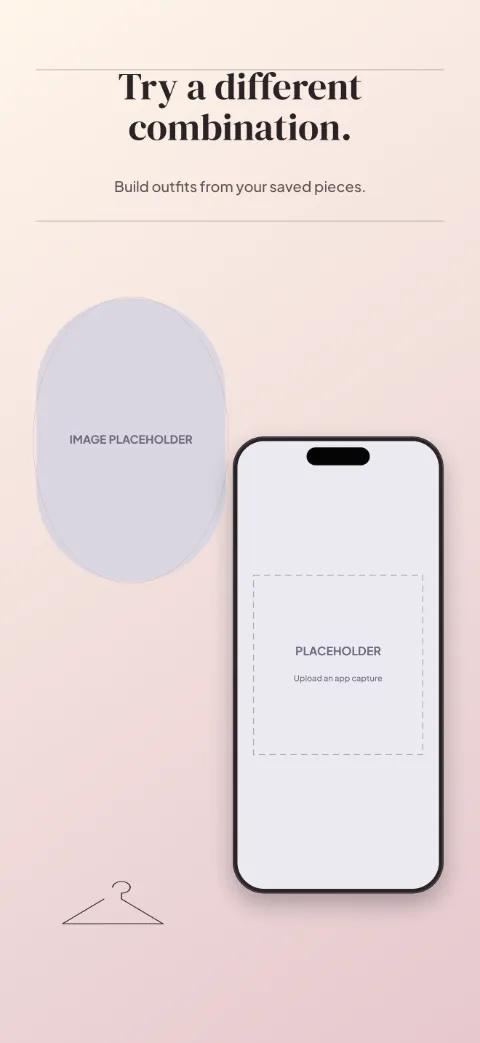 Wardrobe Edit slide 3 (secondary feature): “Try a different combination.” over a light gradient background with a outfit builder screen slot and editorial rules.