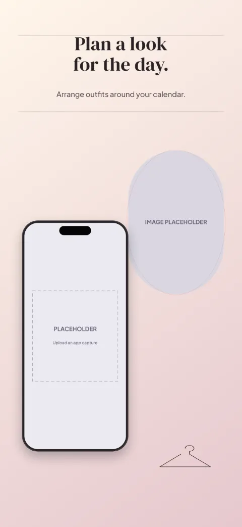Wardrobe Edit slide 4 (personalisation): “Plan a look for the day.” over a light gradient background with a calendar screen slot and editorial rules.