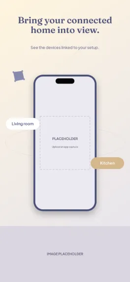 Home Orbit smart home screenshot template: five slides, warm ivory and muted indigo.