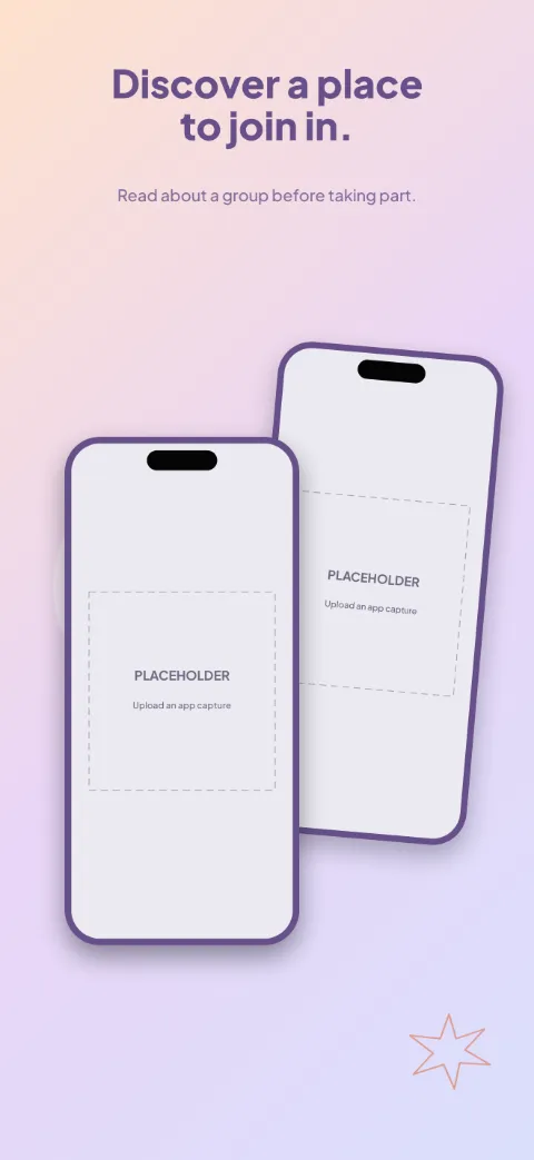 Good Company slide 2 (primary feature): “Discover a place to join in.” over a light gradient background with a community · back screen slot and overlapping circles.