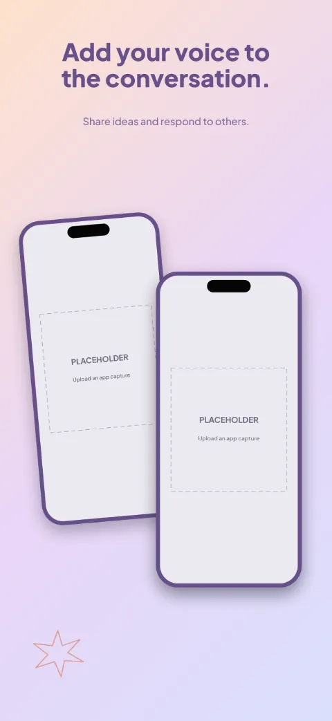 Good Company slide 3 (secondary feature): “Add your voice to the conversation.” over a light gradient background with a discussion · back screen slot and overlapping circles.