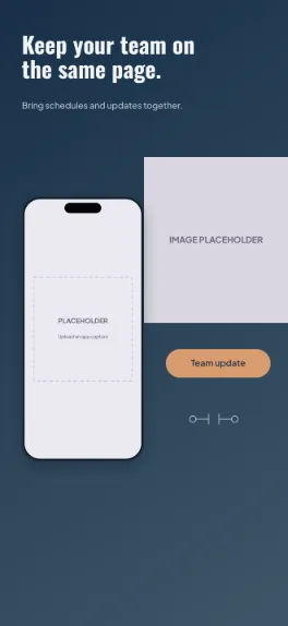 Team Side sports team screenshot template: five slides, navy, muted orange and white.