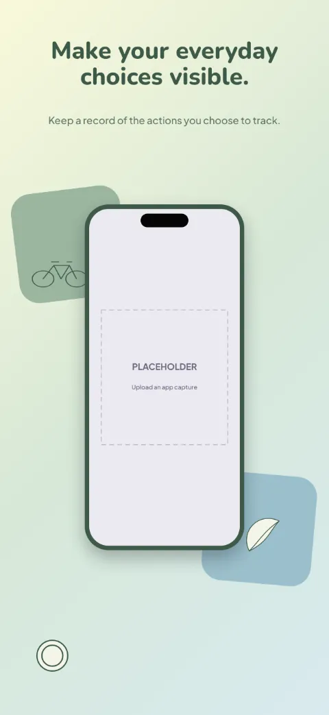 Lighter Footprint slide 1 (promise): “Make your everyday choices visible.” over a light gradient background with a actions screen slot and bicycle outline.